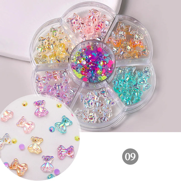 6Grids Acrylic Flower 3D Nail Art Decorations Resin Charms Gold Beads Caviar Pearl Mixed Rhinestones Accessories Manicure