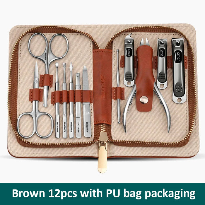 Christmas Professional Manicure Set 12 In 1 Full Function Kit Stainless Steel Pedicure Sets With Leather Portable Case Idea Gift