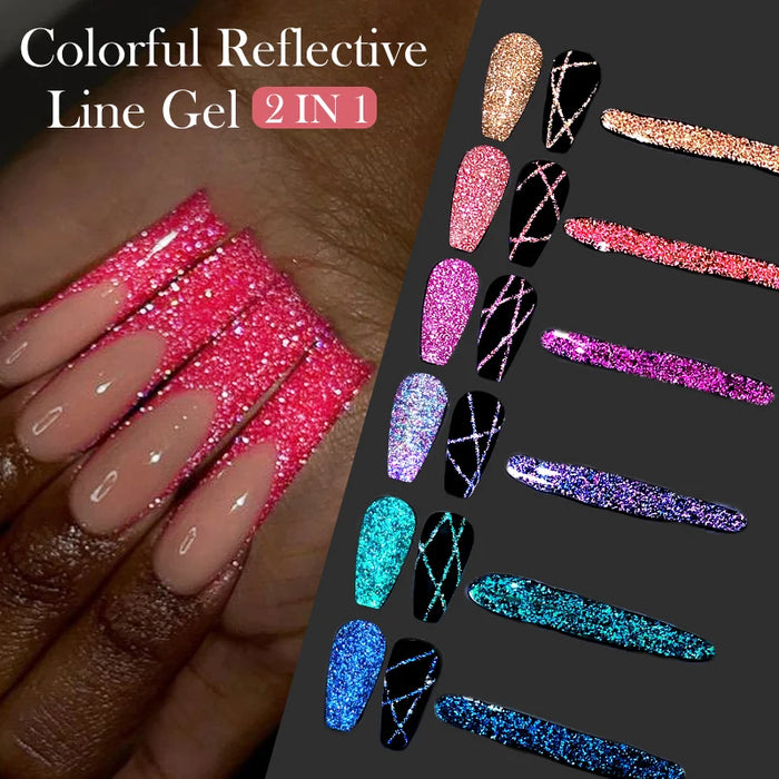 LILYCUTE 6Pcs Colorful Reflective Glitter Nail Art Liner Gel Nail Kit Sparkling Painting Gel Nail Polish Semi Permanent UV Gel