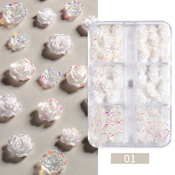 6Grids Acrylic Flower 3D Nail Art Decorations Resin Charms Gold Beads Caviar Pearl Mixed Rhinestones Accessories Manicure