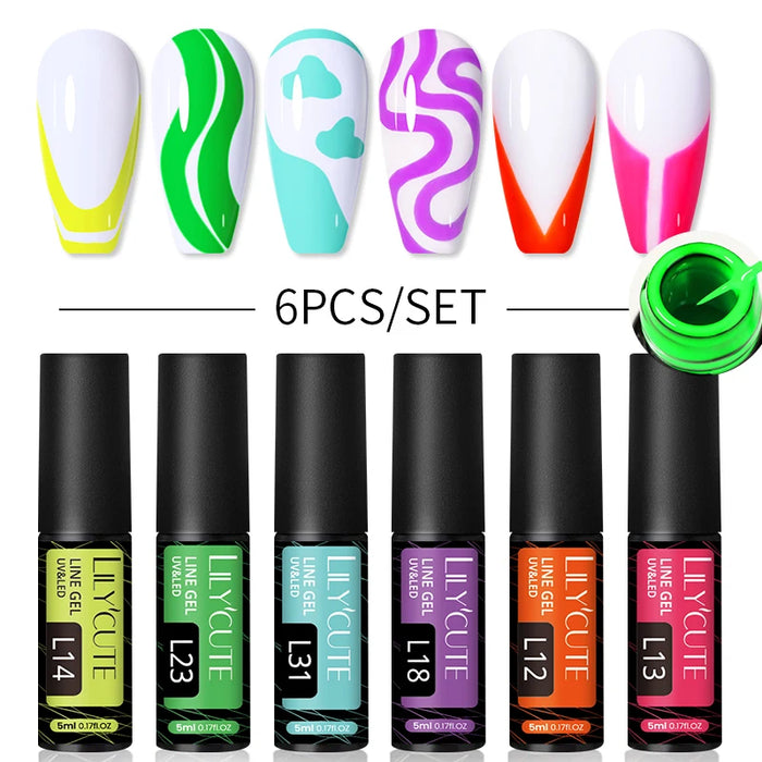 LILYCUTE 6Pcs Colorful Reflective Glitter Nail Art Liner Gel Nail Kit Sparkling Painting Gel Nail Polish Semi Permanent UV Gel