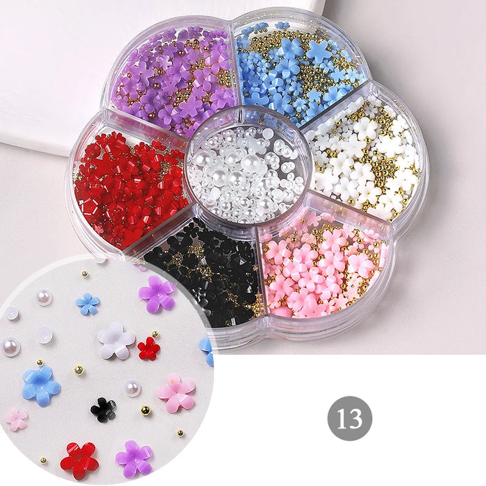 6Grids Acrylic Flower 3D Nail Art Decorations Resin Charms Gold Beads Caviar Pearl Mixed Rhinestones Accessories Manicure