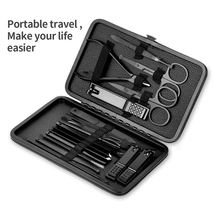 Black Nail Clipper Set Stainless Steel Manicure Nail Scissors Pedicure Kit Nippers Trimmer Care Tool With Travel Case Kit