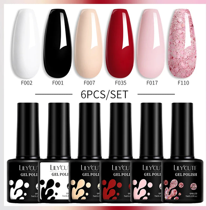 LILYCUTE 6Pcs/Set Gel Nail Polish Kit  Black White Red Fashion 6 Colors UV LED Nail Art Gel Semi Permanent Varnish