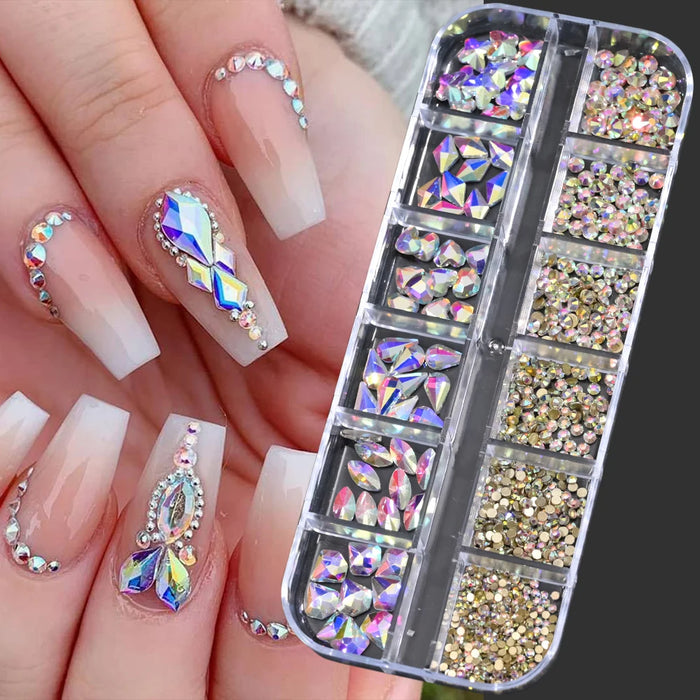 12 Colors Luxury Crystal Nail Art Rhinestones 3D Mixed-Shape Clear/AB Glitter Diamond DIY 12Grids/Boxed Manicure Glitter Stone