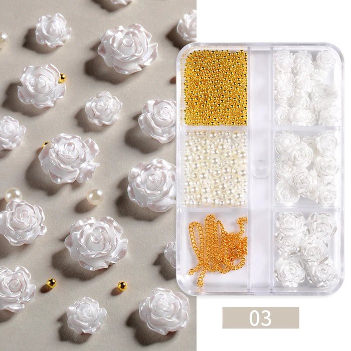 6Grids Acrylic Flower 3D Nail Art Decorations Resin Charms Gold Beads Caviar Pearl Mixed Rhinestones Accessories Manicure