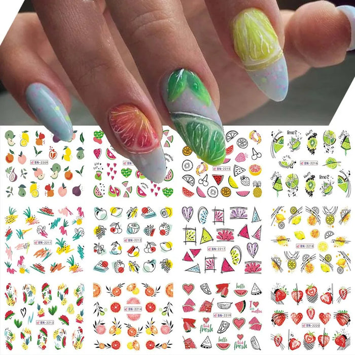 12 pcs Nail Sticker Set Summer Water Decal Nail Art Ink Flowers Leaves Graffiti Slider for Nail Decoration Foils Tattoo