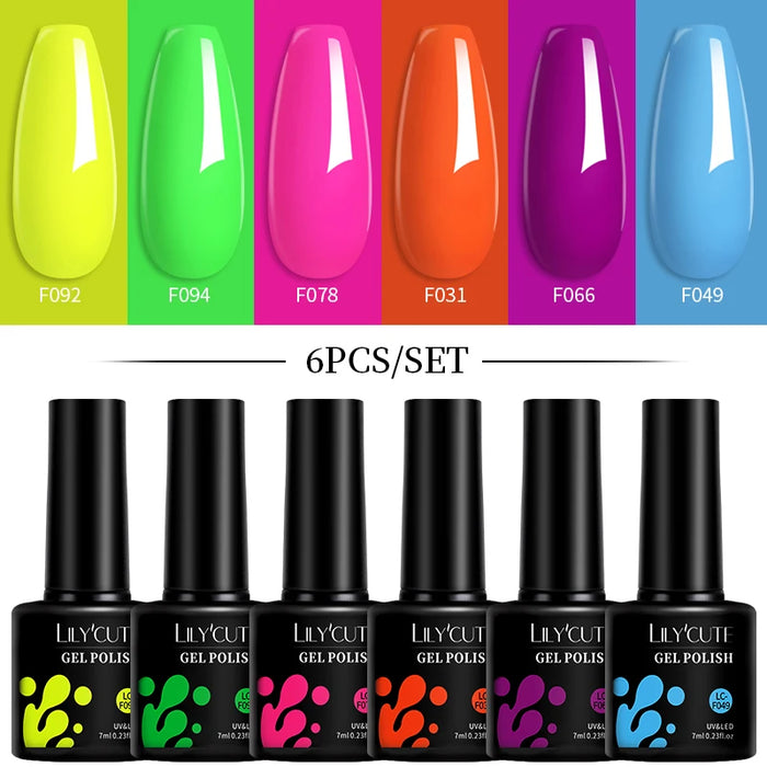 LILYCUTE 6Pcs/Set Fluorescent Gel Nail Polish Spring Summer Neon Color Semi Permanent Soak Off UV Nail Art Gel Varnish Kits