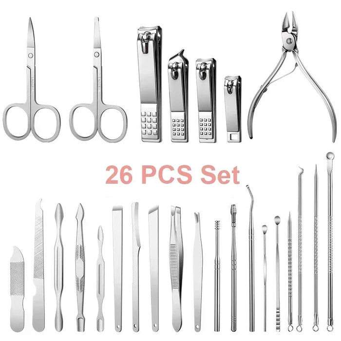 11-26 Pcs Manicure Set Stainless Steel Nail Clippers Cuticle Nipper Pedicure Care Tool Dead Skin Scissor Cleaning Grooming Kit