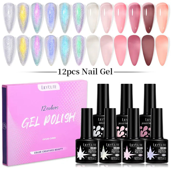 LILYCUTE 12/10PCS Gel Nail Polish Set Spring Summer Nude Glitter Color Semi Permanent Soak Off Manicure Nail Art UV Gel Varnish