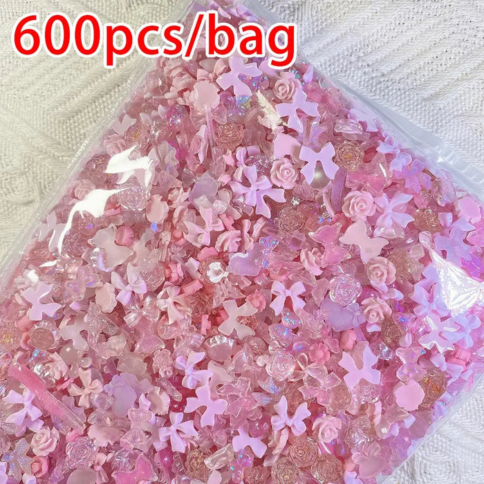 600pcs/bag Resin Pink Bow Flowers Heart Mixed Nail Art Decoration Kawaii Pink Ribbon Bowknot Nail Charms 3D Cute Charms 50g/bag