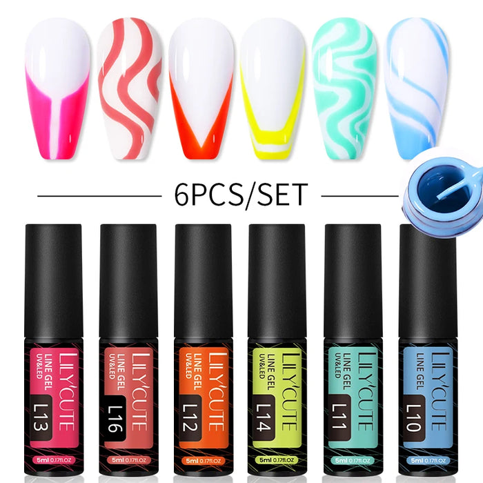 LILYCUTE 6Pcs Colorful Reflective Glitter Nail Art Liner Gel Nail Kit Sparkling Painting Gel Nail Polish Semi Permanent UV Gel