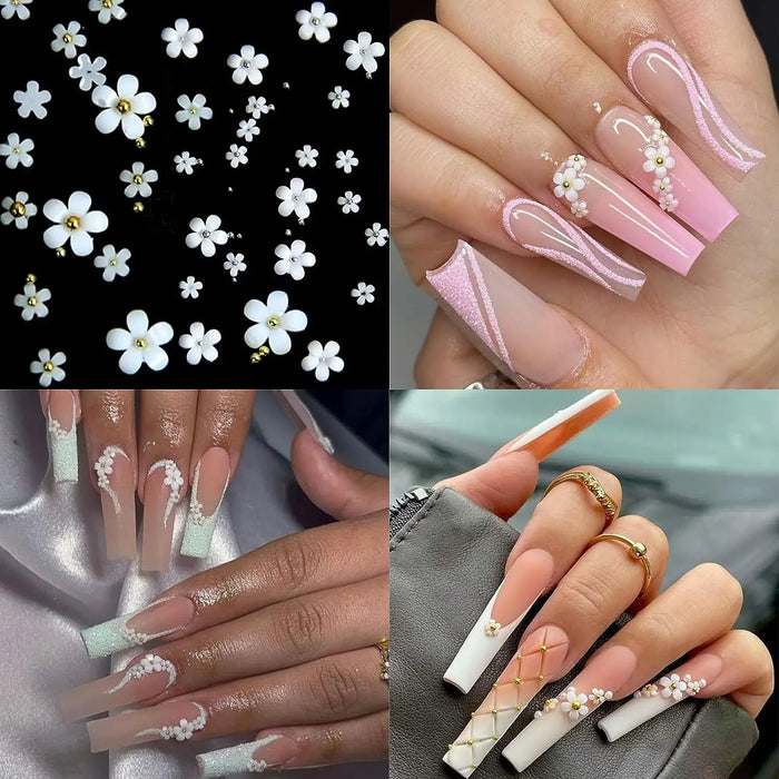 6Grid 3D Mixed Pink White Small Flower Nail Art Charms With Gold Silver Beads Kawaii Resin Fashion Cartoon Nail Decorations DIY