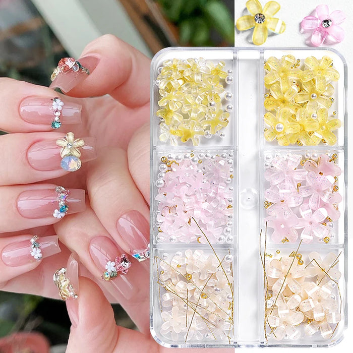 6Grids Acrylic Flower 3D Nail Art Decorations Resin Charms Gold Beads Caviar Pearl Mixed Rhinestones Accessories Manicure