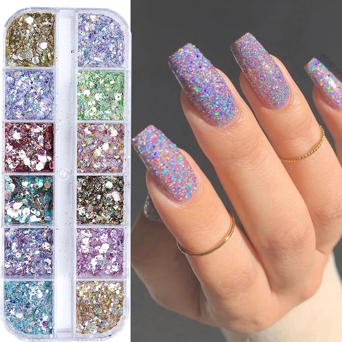 Mirror Iridescent Mixed Hexagon Nail Glitter Sequins Holographic Spangles Flakes Nail Art Powder Gel Polish Manicure Accessories