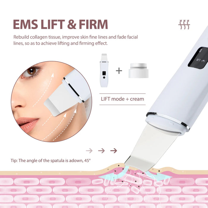 EMS Ultrasonic Skin Scrubber Vibration Facial Spatula Peeling Shovel Ion Acne Blackhead Remover Clean Cavitation Face Massager