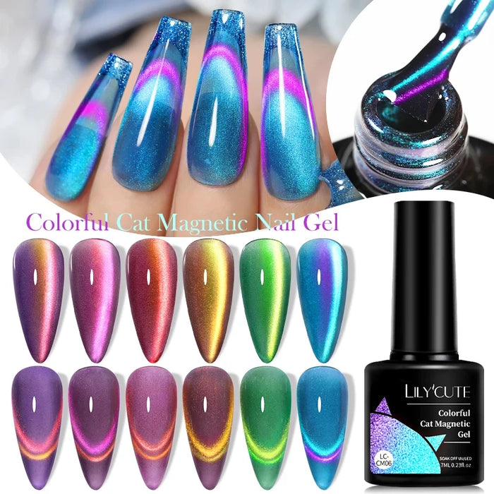 LILYCUTE 7ML Double Light Cat Magnetic Gel Polish Nail Art Sparkling Rainbow Gel Nail Polish Semi Permanent UV Magnet Gel Esmalt