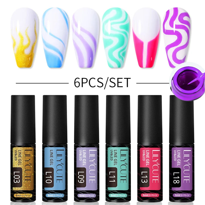 LILYCUTE 6Pcs Colorful Reflective Glitter Nail Art Liner Gel Nail Kit Sparkling Painting Gel Nail Polish Semi Permanent UV Gel