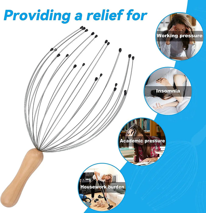 24 Fingers Head Massager Scalp Scratcher for Human or Pet Head Massage, Head Relaxing,Wood Handle for Comfortable Temple Massage