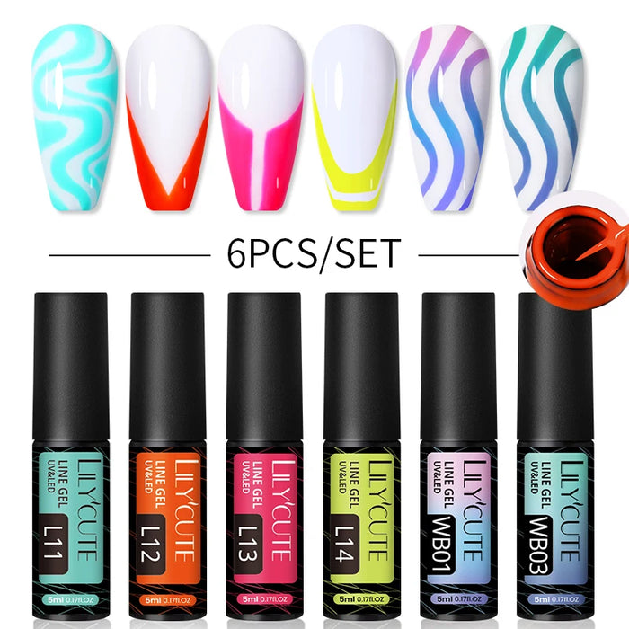 LILYCUTE 6Pcs Colorful Reflective Glitter Nail Art Liner Gel Nail Kit Sparkling Painting Gel Nail Polish Semi Permanent UV Gel