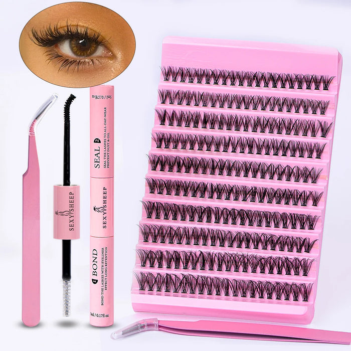 DIY Eyelash Extension Kit 200pcs Individual Lashes Cluster D Curl, 8-16mm Mix Lash Clusters with Lash Bond and Seal and Lash App