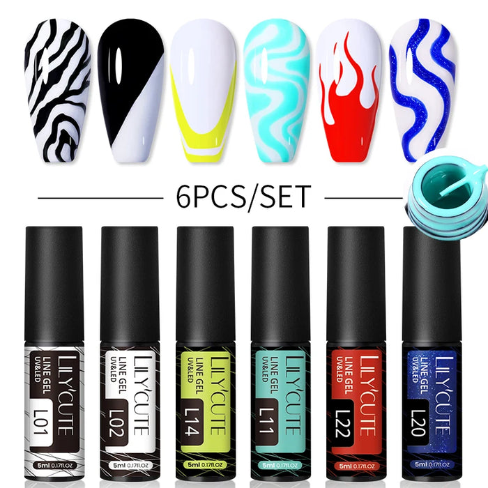 LILYCUTE 6Pcs Colorful Reflective Glitter Nail Art Liner Gel Nail Kit Sparkling Painting Gel Nail Polish Semi Permanent UV Gel