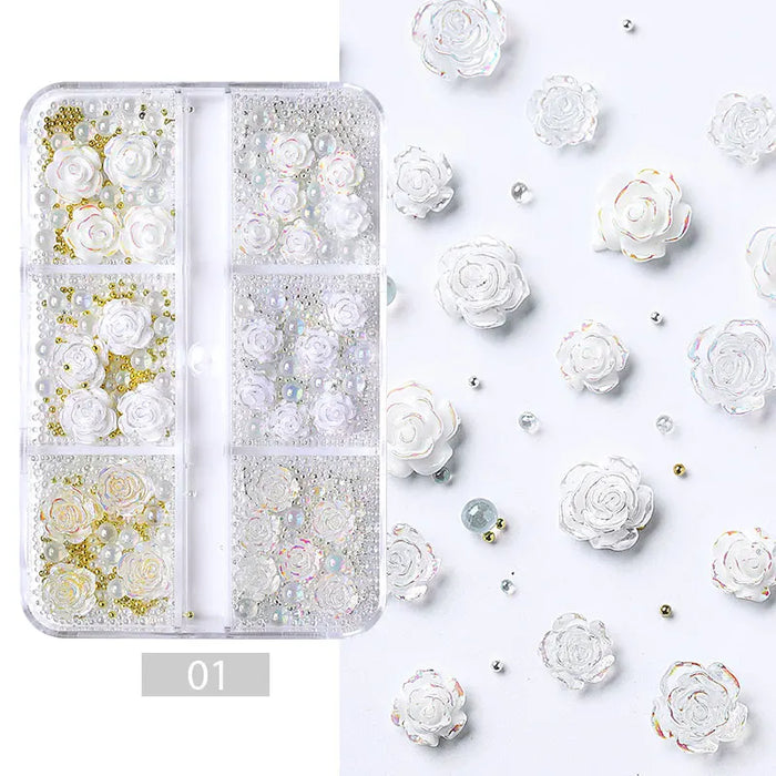 6Grids Acrylic Flower 3D Nail Art Decorations Resin Charms Gold Beads Caviar Pearl Mixed Rhinestones Accessories Manicure