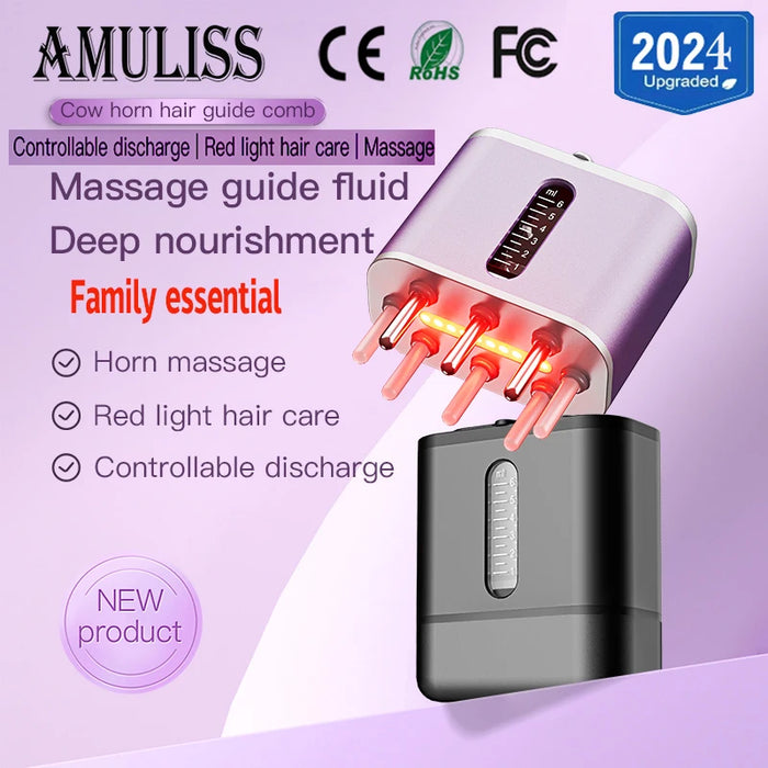 Amuliss 2024 Scalp Massager Cow Horn Massage Comb Red Light Essence Oil Applicator Promote Hair Growth Portable Hair Guid Comb