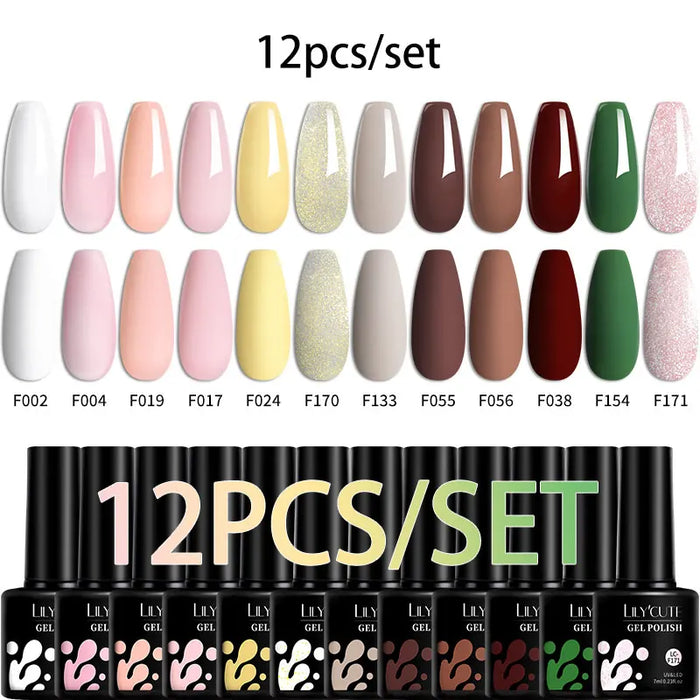 LILYCUTE 12/10PCS Gel Nail Polish Set Spring Summer Nude Glitter Color Semi Permanent Soak Off Manicure Nail Art UV Gel Varnish