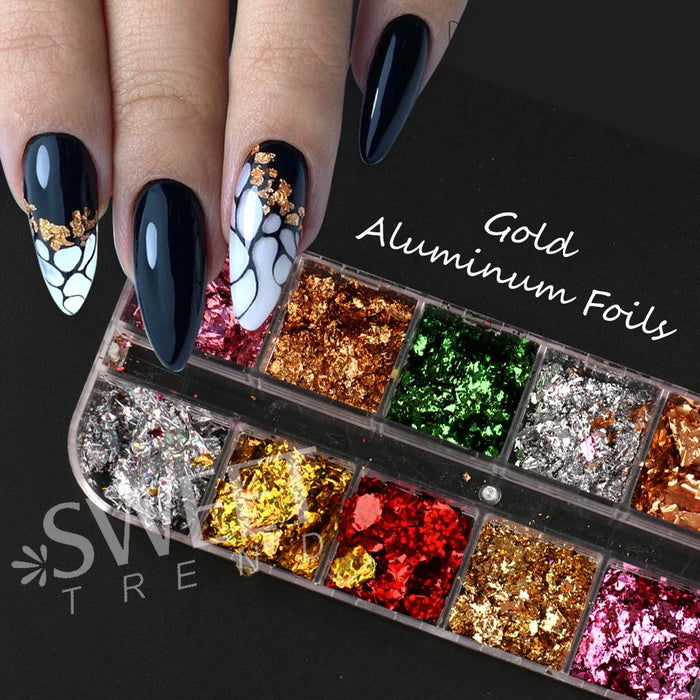 12Grids Holographic Gold Foils Nail Flakes Splendor Leaf Craft Irregular Aluminum Paillette DIY Polish Decoration Glitter LYS45