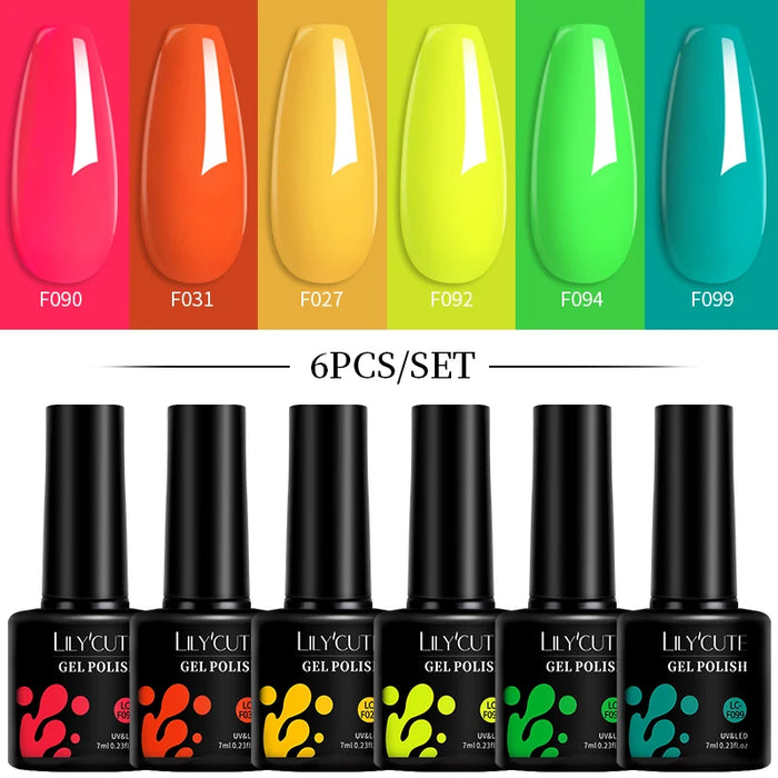 LILYCUTE 6Pcs/Set Fluorescent Gel Nail Polish Spring Summer Neon Color Semi Permanent Soak Off UV Nail Art Gel Varnish Kits