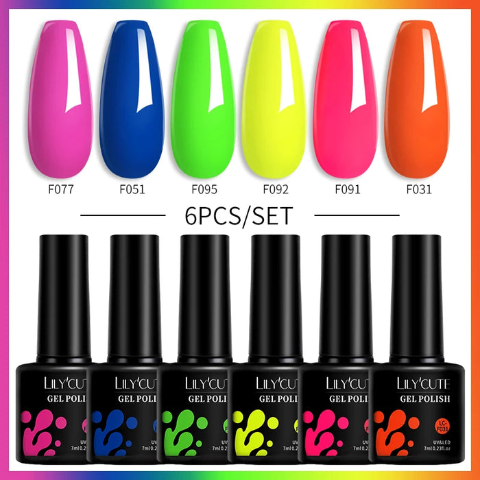 LILYCUTE 6Pcs/Set Fluorescent Gel Nail Polish Spring Summer Neon Color Semi Permanent Soak Off UV Nail Art Gel Varnish Kits