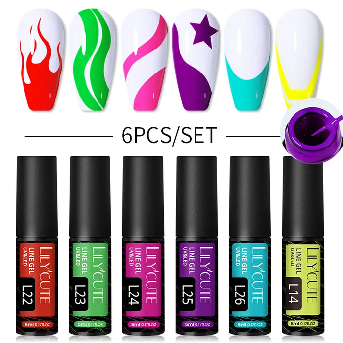 LILYCUTE 6Pcs Colorful Reflective Glitter Nail Art Liner Gel Nail Kit Sparkling Painting Gel Nail Polish Semi Permanent UV Gel