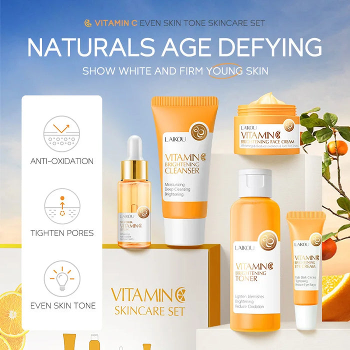 5 Pieces Vitamin C Skincare Set  Moisturizing Face Serum Brighten Cream Antiage Eye Cream Toner Facial Care Set for Dropshipping