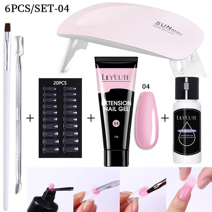 LILYCUTE 15ml Nail Extension Gel Kit With LED Lamp Full Manicure Tool Set Quick Finger Extend Acrylic Crystal Construction Gel