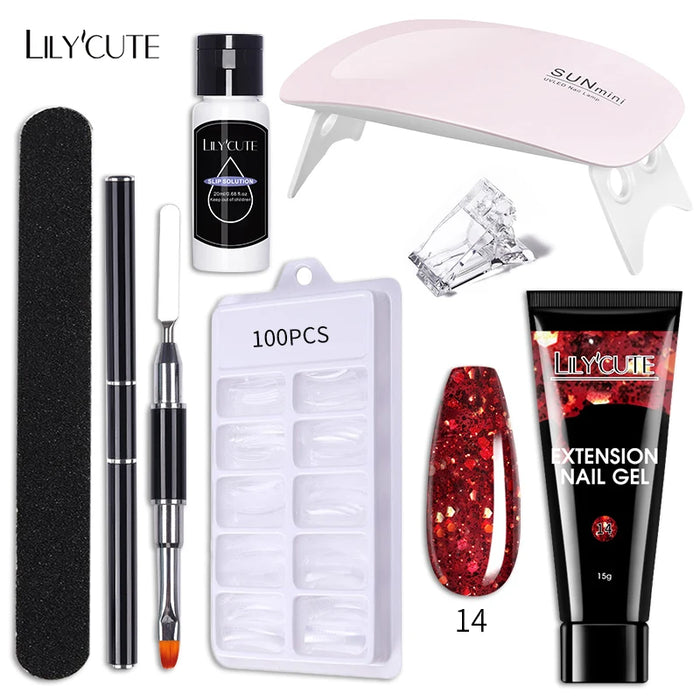 LILYCUTE 15ml Nail Extension Gel Kit With LED Lamp Full Manicure Tool Set Quick Finger Extend Acrylic Crystal Construction Gel