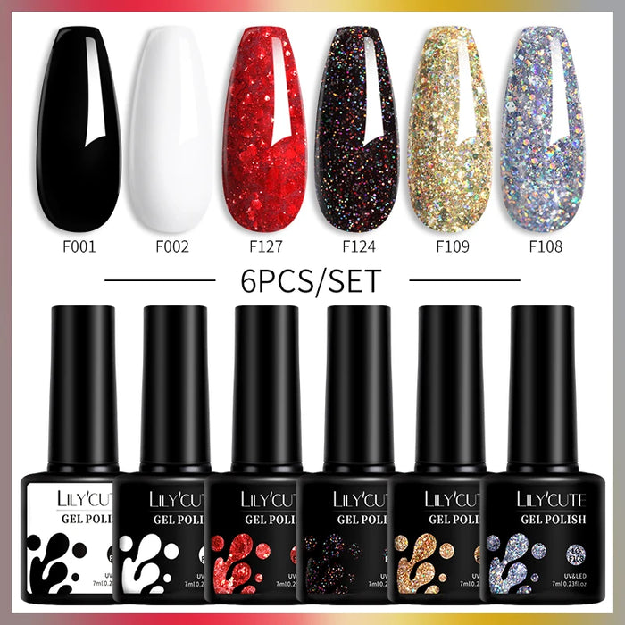 LILYCUTE 6Pcs/Set Gel Nail Polish Kit  Black White Red Fashion 6 Colors UV LED Nail Art Gel Semi Permanent Varnish