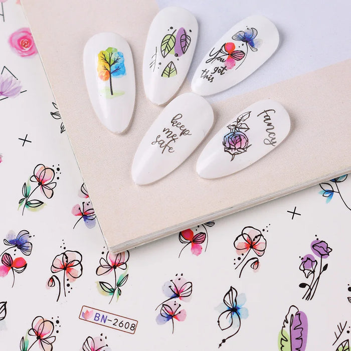 12 pcs Nail Sticker Set Summer Water Decal Nail Art Ink Flowers Leaves Graffiti Slider for Nail Decoration Foils Tattoo