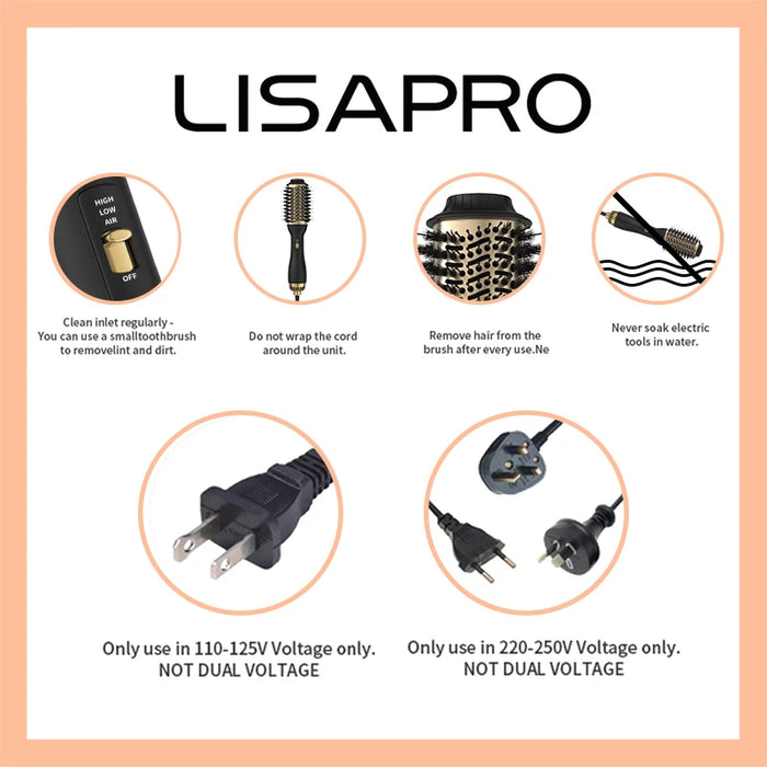 LISAPRO One-Step Hot Air Brush&Volumizer PLUS 2.0 Hair Dryer and Hair Styler New Black Golden Hair Curler Brush