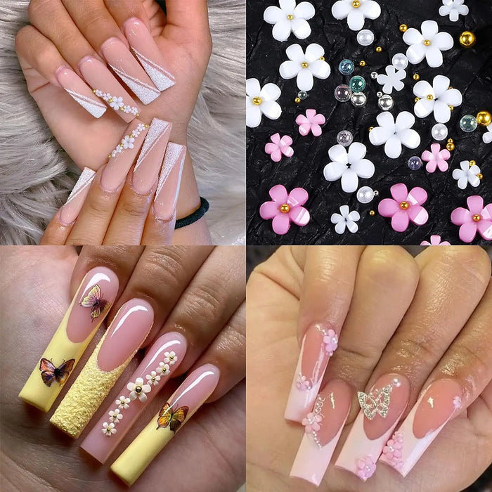 6Grid 3D Mixed Pink White Small Flower Nail Art Charms With Gold Silver Beads Kawaii Resin Fashion Cartoon Nail Decorations DIY