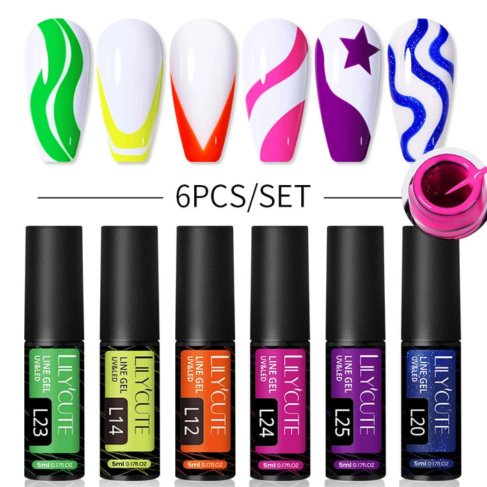 LILYCUTE 6Pcs Colorful Reflective Glitter Nail Art Liner Gel Nail Kit Sparkling Painting Gel Nail Polish Semi Permanent UV Gel