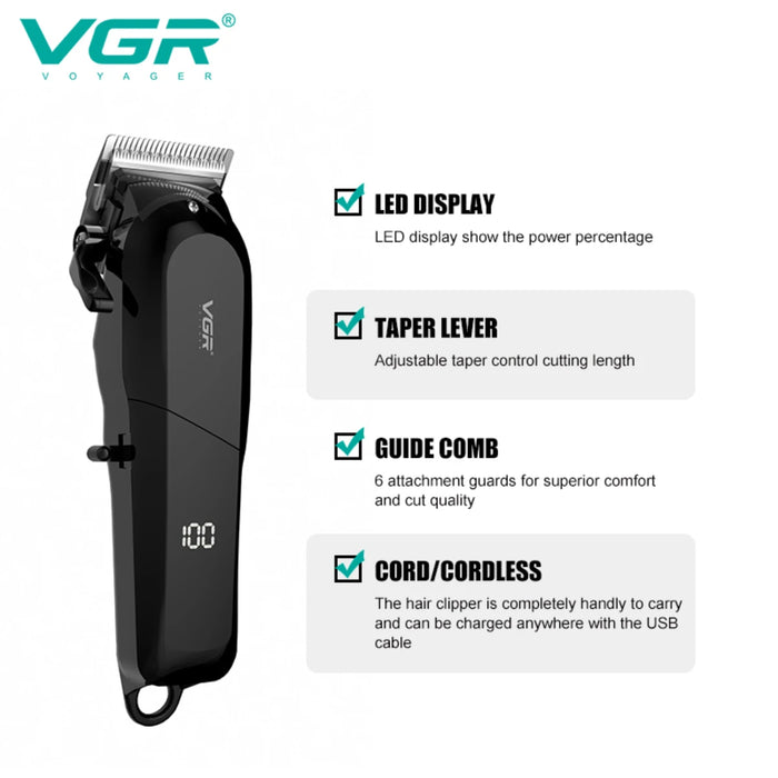 VGR Hair Clipper Cordless Hair Cutting Machine Adjustable Barber Electric Hair Trimmer Digital Display Clipper for Men V-118