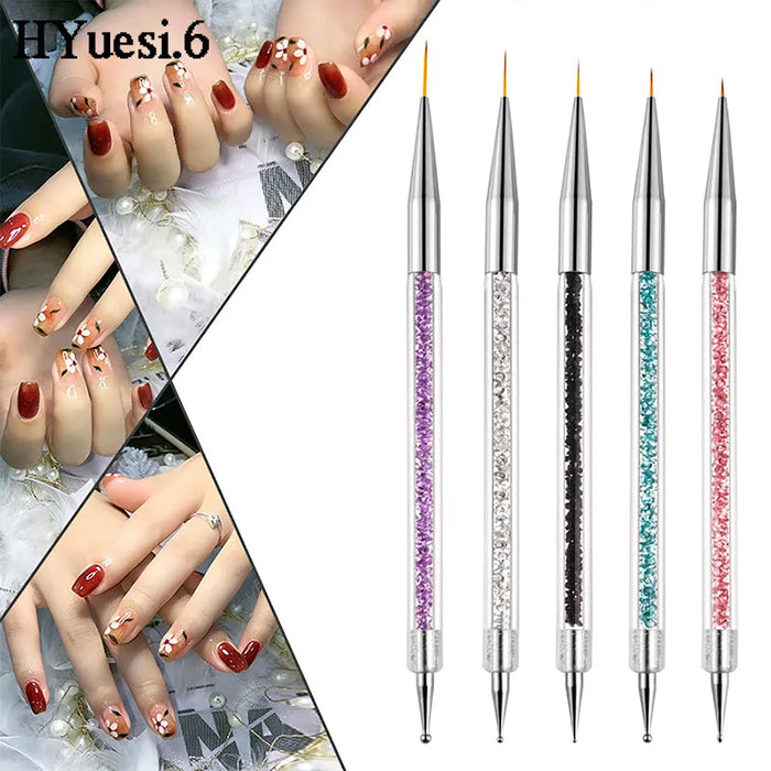 5pcs/Set 2 In 1 Dual-Ended Nail Art Liner Brushes With Crystal Handle Professional UV Gel Dotting Painting Drawing Pen DIY Tools