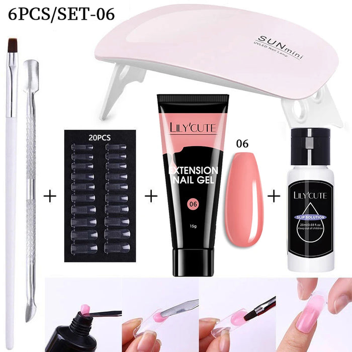 LILYCUTE 15ml Nail Extension Gel Kit With LED Lamp Full Manicure Tool Set Quick Finger Extend Acrylic Crystal Construction Gel