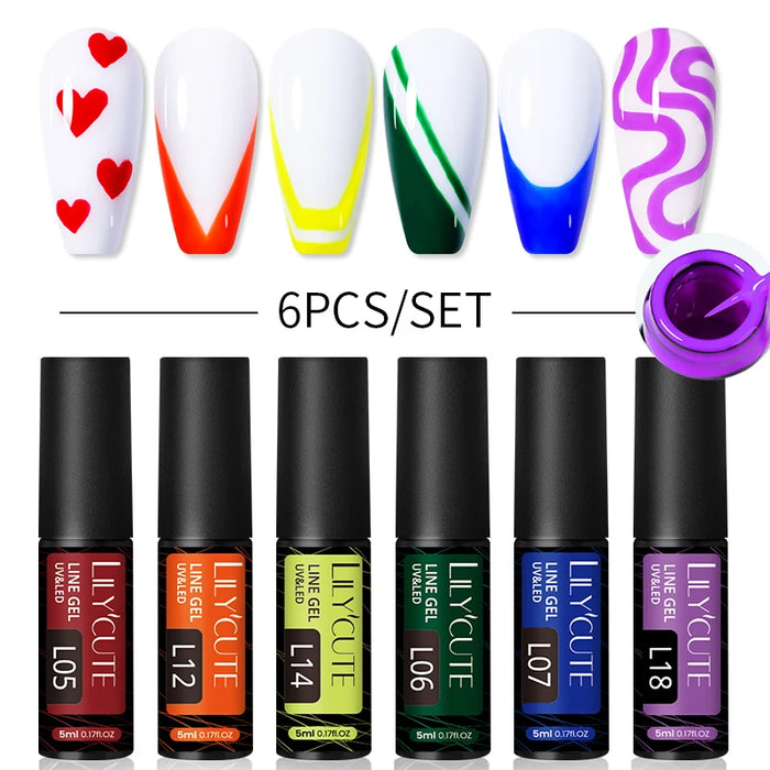 LILYCUTE 6Pcs Colorful Reflective Glitter Nail Art Liner Gel Nail Kit Sparkling Painting Gel Nail Polish Semi Permanent UV Gel