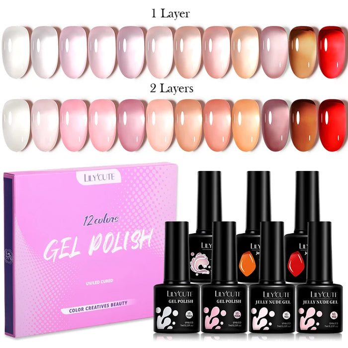 LILYCUTE 12/10PCS Gel Nail Polish Set Spring Summer Nude Glitter Color Semi Permanent Soak Off Manicure Nail Art UV Gel Varnish