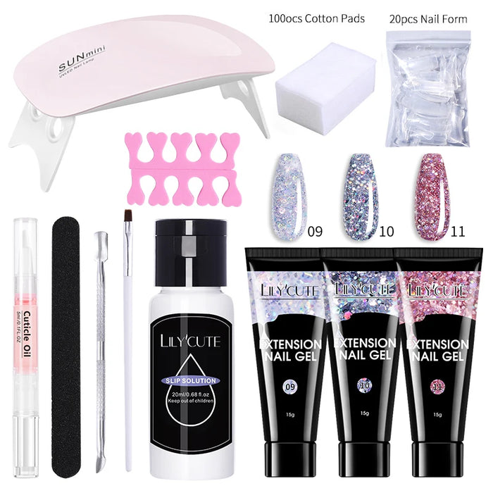 LILYCUTE Full Manicure Set 15ml Quick Extension Gel Kit 6W LED Lamp White Clear Pink Hard Gel Semi Permanent For Nails Tool Kit