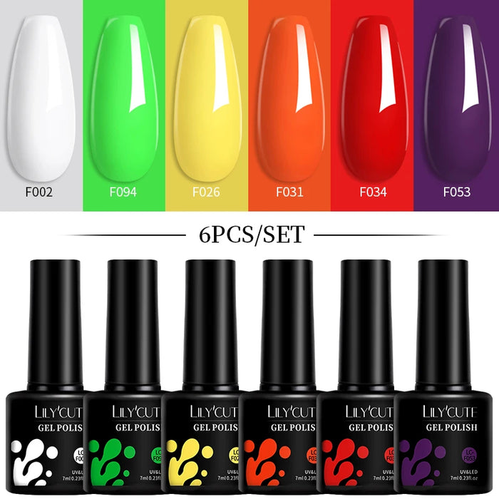 LILYCUTE 6Pcs/Set Gel Nail Polish Kit  Black White Red Fashion 6 Colors UV LED Nail Art Gel Semi Permanent Varnish