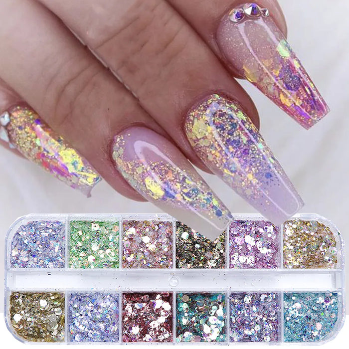 Mirror Iridescent Mixed Hexagon Nail Glitter Sequins Holographic Spangles Flakes Nail Art Powder Gel Polish Manicure Accessories