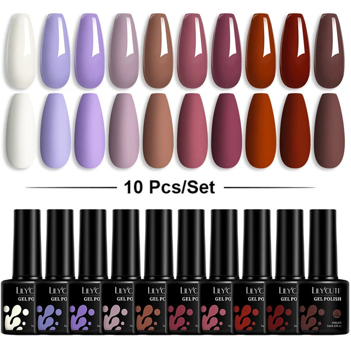 LILYCUTE 12/10PCS Gel Nail Polish Set Spring Summer Nude Glitter Color Semi Permanent Soak Off Manicure Nail Art UV Gel Varnish